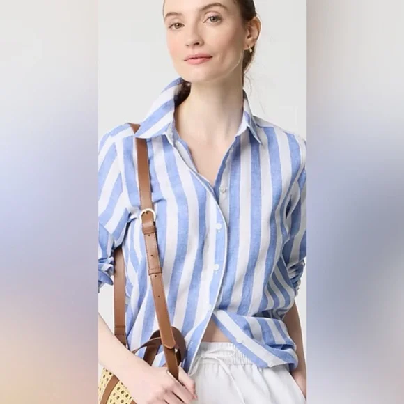 J Crew Linen Shirt M Blue White Stripe Long Sleeve Oxford Collar Preppy Beach - Picture 2 of 8